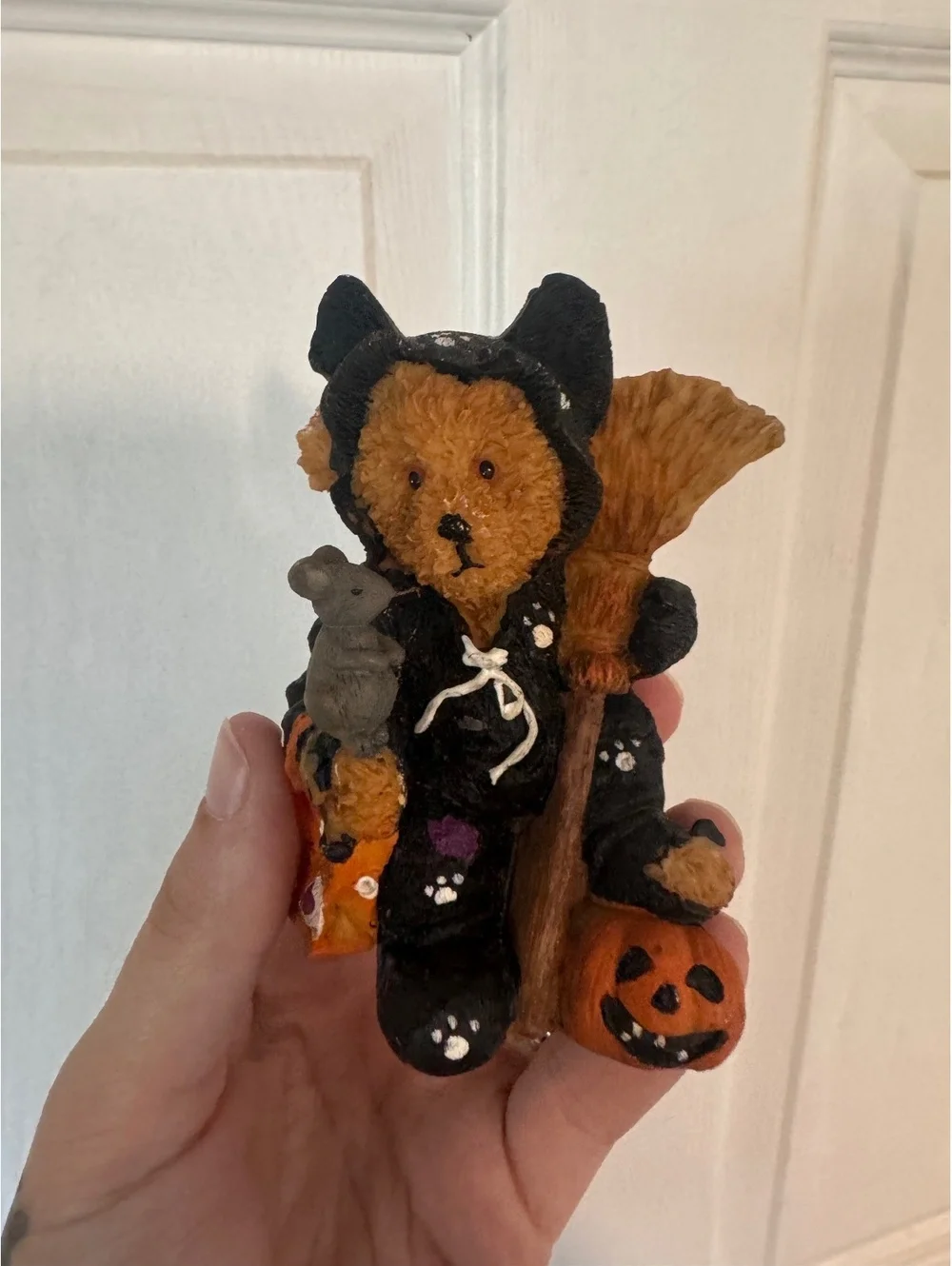 Hand-Painted Bear Figurine in Halloween Costume with Pumpkin and Broom